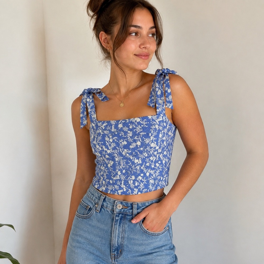 Old Navy Blue Floral Tie Shoulder Smocked Back Cami Crop Top Medium